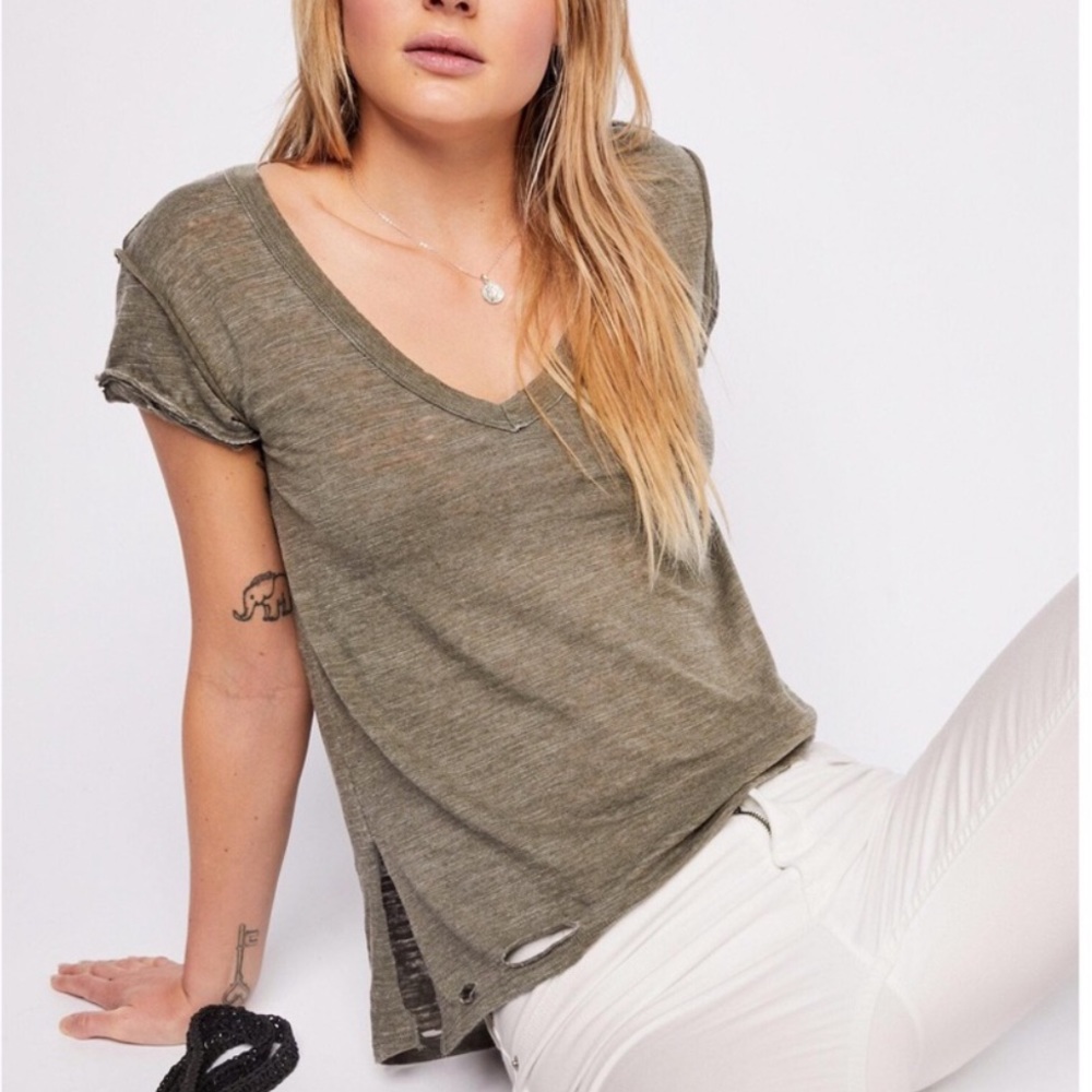 Free People Cali Distressed V-Neck Tee Shirt